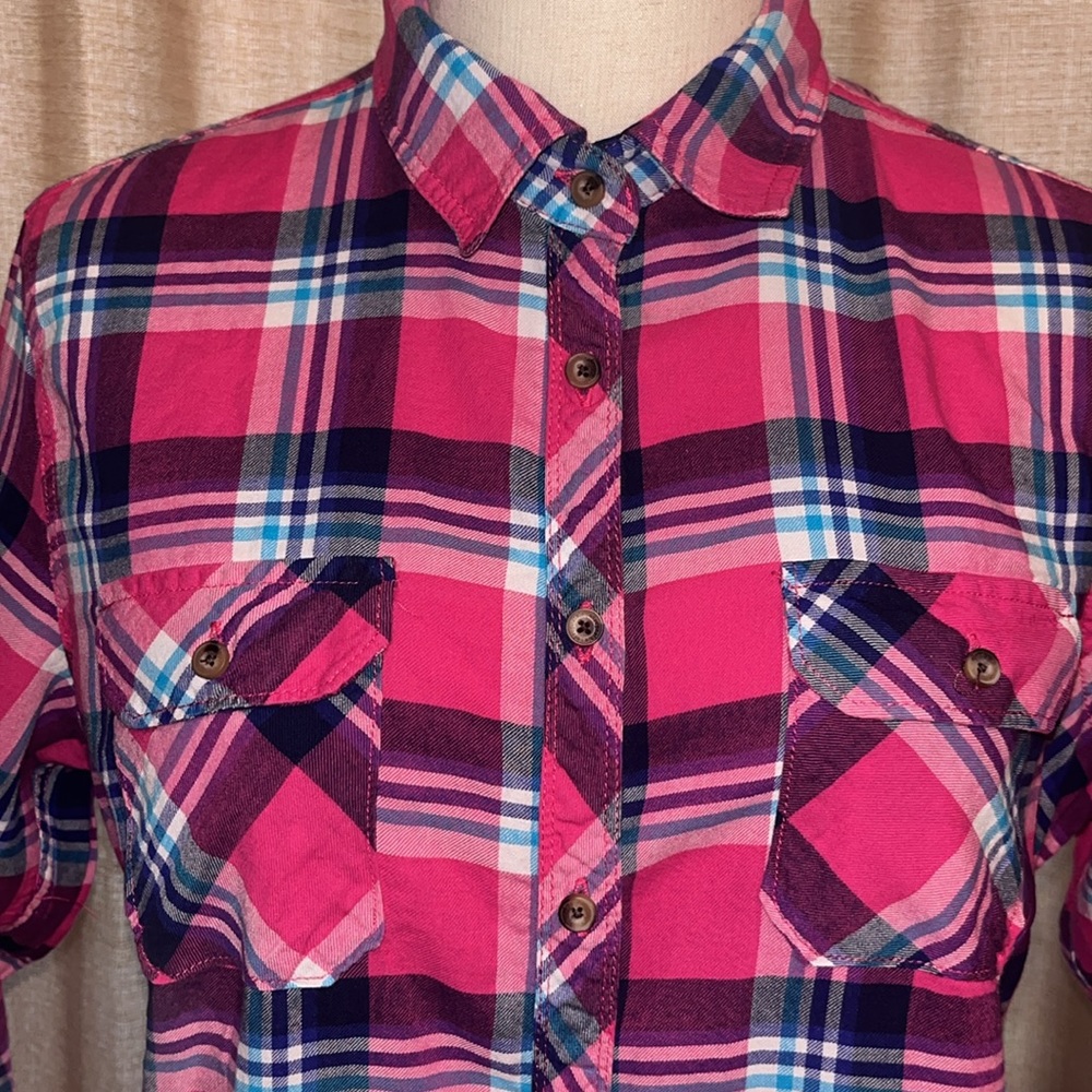 Aeropostale Plaid Button Down Shirt Pink Blue Womens XL - Picture 2 of 12
